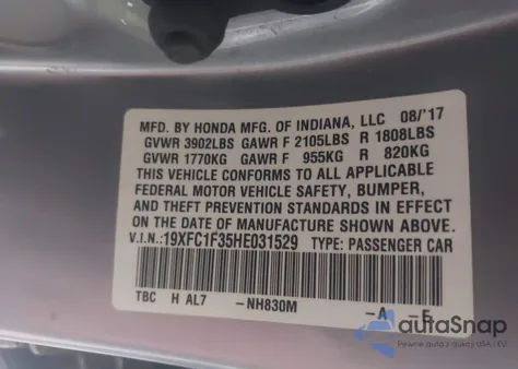 2017 Honda Civic Ex-T z USA, uszkodzony, nr VIN 19XFC1F35HE031529